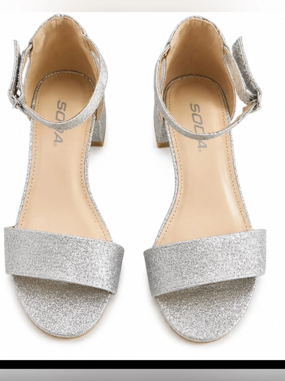 SODA Girls Silver Glitter Block Heel Sandals Youth Size 3